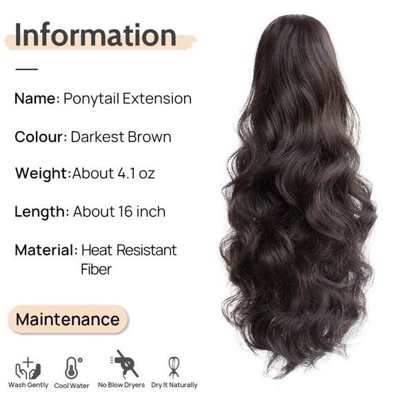 Wavy Ponytail Extension Claw Clip Synthetic Hair for Women 16in Dark Brown main image 7